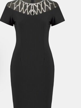 Joseph Ribkoff Signature Black Midi Dress with Silver Embellished Yoke